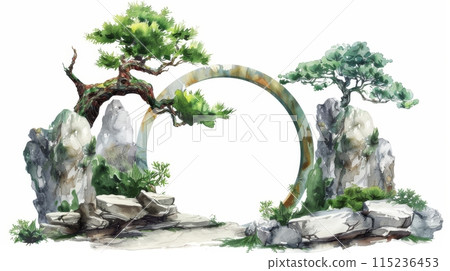 A spiritual nature landscape with zen garden design elements, stone gate round arch, and green trees. Watercolor clip art isolated on white. 115236453