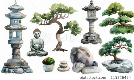 A set of watercolor nature clip art featuring bonsai trees, buddha statues, stone lanterns, and rocks. Spiritual zen garden design elements on a white background. 115236454