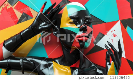 3D rendering with abstract geometric shapes, black mannequin body parts, and bald woman's head and hands. Fashion concept. 115236455