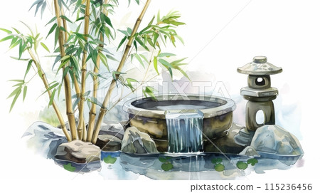 This watercolor illustration of zen garden bamboo fountain is isolated on a white background, featuring a spiritual landscape. This watercolor illustration of zen garden bamboo fountain is isolated on a white background, featuring a spiritual landscape. 115236456