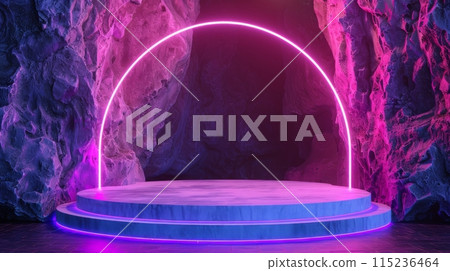 The geometric arch and stone platform on which the product is displayed is rendered in 3D with neon abstract background. 115236464