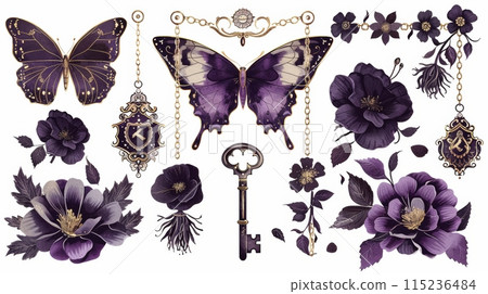 Clipart Halloween ornaments: flowers, keys, purple butterflies, chains, and pendants. Vintage clip art isolated on white background. 115236484