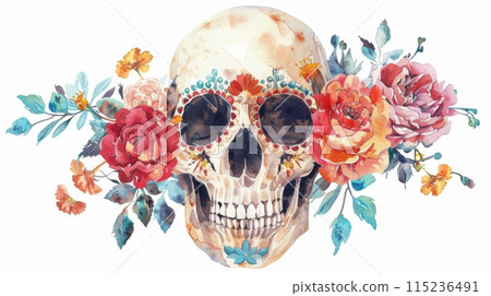The skull of a human being embellished with flowers. A festive watercolor illustration of the mask of a human being. Day of the dead clipart isolated on white. 115236491
