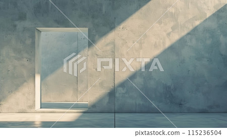 This is a 3D render with an abstract background. The room has a blank concrete wall and is illuminated by daylight. There is an empty niche. This is a scene for presenting a product. 115236504
