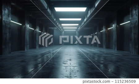 Abstract industrial background illuminated by bright light in a dark room in 3D Abstract industrial background illuminated by bright light in a dark room in 3D 115236509