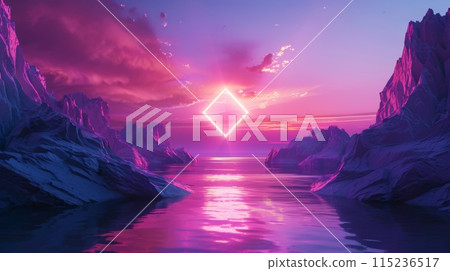 Render of 3D neon rhombus over mystic landscape with cliffs and water, sunrise or sunset. Abstract background texture of modern minimalism. Render of 3D neon rhombus over mystic landscape with cliffs and water, sunrise or sunset. Abstract background texture of modern minimalism. 115236517