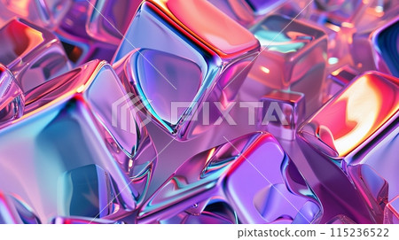 This is a 3D render of an abstract background with metallic geometric shapes that have iridescence. 115236522
