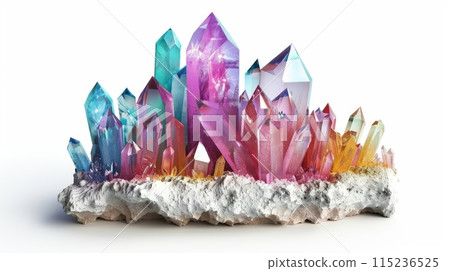 3D render of colorful crystals on white background with white rock stones 115236525