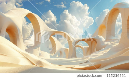 Desert landscape with sand dunes, square arches, and white clouds in 3D. Desert landscape with sand dunes, square arches, and white clouds in 3D. 115236531