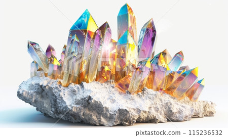 An esoteric object with golden and colored crystals growing on a white rock, chalk stone, and a golden and colorful iridescent crystal. An esoteric object with golden and colored crystals growing on a white rock, chalk stone, and a golden and colorful iridescent crystal. 115236532