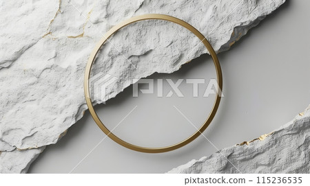 An abstract white background with a golden ring, a round frame integrated into chalk rock stone, and an aesthetic minimalist wallpaper. 115236535
