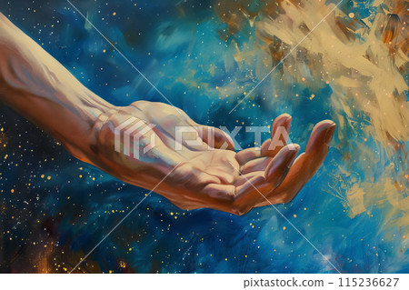 A hand reaches up to the sky, expressing emotion and connection with the cosmos 115236627