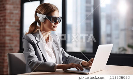 Businesswoman uses VR glasses to work conveniently and smoothly, AI Generated 115236653