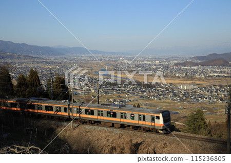 The Chuo Line returning to Tokyo with a view of the Zenkoji Plain 115236805