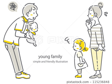Attention-grabbing young family of four: simple and stylish line drawing illustration 115236848