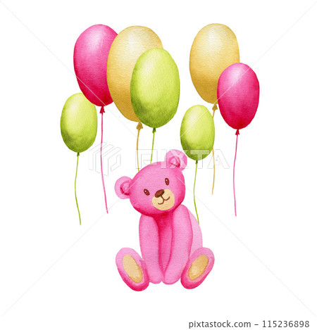 Watercolor pink teddy bear sitting with hellium balloons on white background. Cute baby illustration for greeting cards, kid posters, patterns 115236898