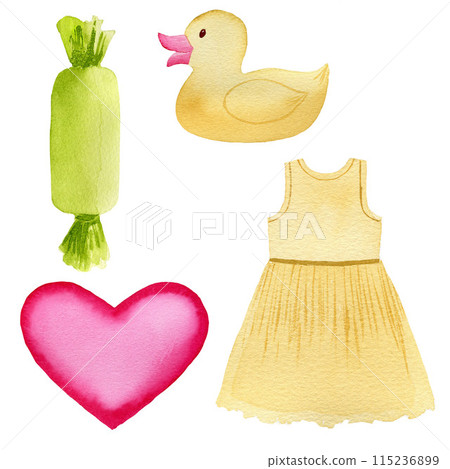 Watercolor nursery set of elements. Hand painted cute baby toy duck, heart, dress, sweet. Illustration for baby design, postcards, invitations, cards 115236899