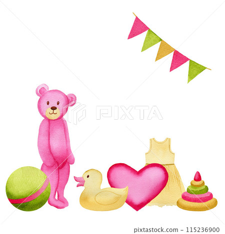 Watercolor pink teddy bear standing with a ball, flags, pyramid, toy duck, heart, dress. Cute baby hand drawn illustration for cards, postcards, label 115236900