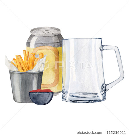 composition of beer can with glass for beer and snack bucket of French Fries and sauce composition of beer can with glass for beer and snack bucket of French Fries and sauce 115236911
