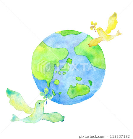 Blue Earth and Bird of Happiness Watercolor Illustration 115237182