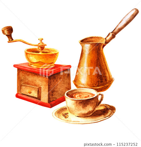 Art everything for a coffee break. Set of utensils for coffee and cafe drawn by hand in watercolor 115237252