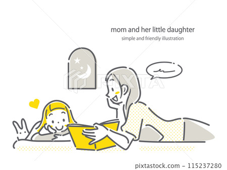 A young mother and a little girl enjoying a picture book together before bedtime. Simple and stylish line drawing illustration 115237280