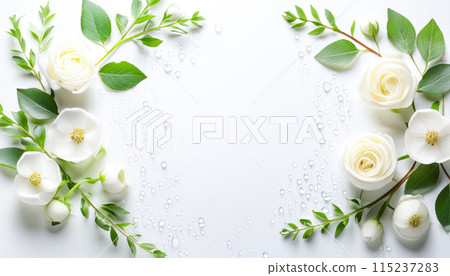 白色背景上的玫瑰花框，淡水滴 115237283