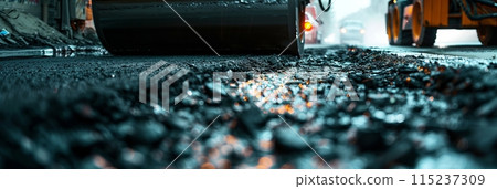 Laying fresh asphalt, road work with asphalt finisher , asphalt paver rolls asphalt, banner 115237309