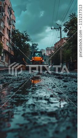 Laying fresh asphalt, road work with asphalt finisher , asphalt paver rolls asphalt Laying fresh asphalt, road work with asphalt finisher , asphalt paver rolls asphalt 115237313