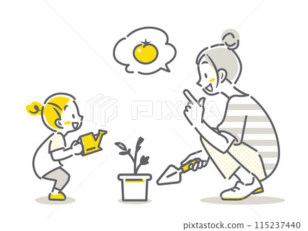 一位年輕的母親和小女孩開始建造家庭花園 — 簡單而時尚的線條畫插圖 115237440