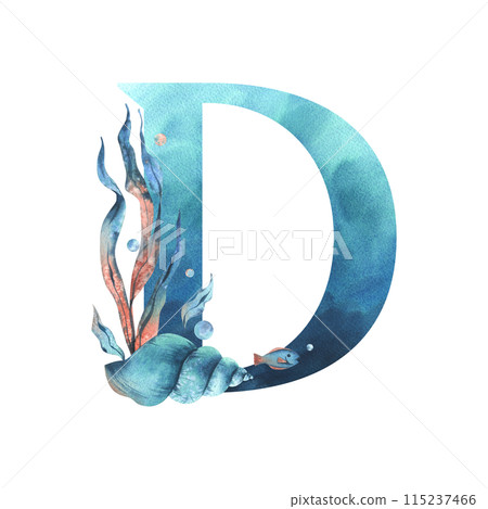 Capital letter D, part of the Latin alphabet decorated in a wet theme with corals, shells, algae, bubbles, blue and coral colors. Hand drawn watercolor illustration. Element isolated from background. 115237466