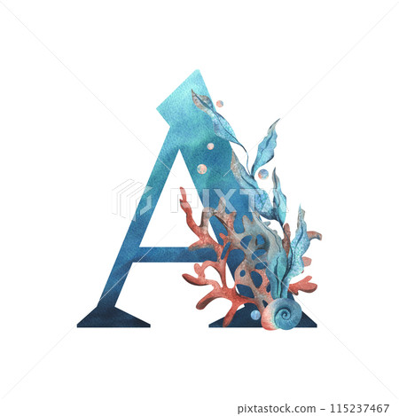 Capital letter A, part of the Latin alphabet decorated in a wet theme with corals, shells, algae, bubbles, blue and coral colors. Hand drawn watercolor illustration. Element isolated from background. 115237467