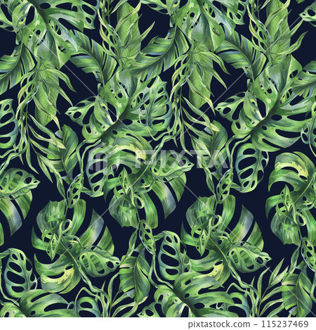 Tropical coconut, banana palm leaves, monstera, monkey mask, frangipani, bright juicy green. Hand drawn watercolor botanical illustration. Seamless pattern on a dark background. 115237469