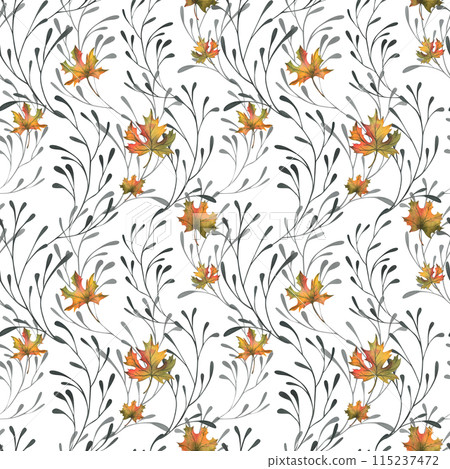 Autumn maple leaves are orange with graceful black branches. Hand drawn watercolor illustration. Seamless pattern simple on white background. 115237472