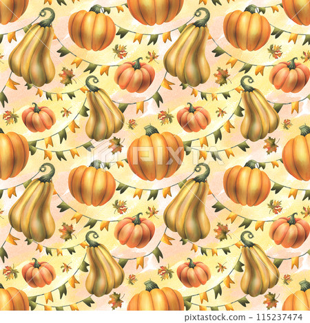 Orange autumn pumpkins with maple leaves and garland flags. Watercolor illustration, hand drawn. Seamless pattern on a pink and yellow watercolor washes background 115237474