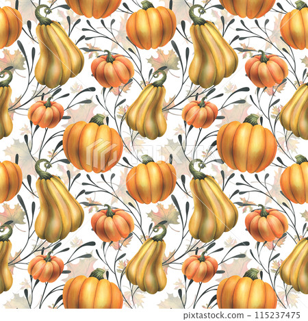 Orange autumn pumpkins with maple leaves and branches. Watercolor illustration, hand drawn. Seamless pattern on a white background. 115237475
