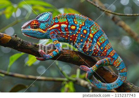 Colorful chameleon camouflaged on branch in nature, colorful Chamaeleon Calyptrate 115237743