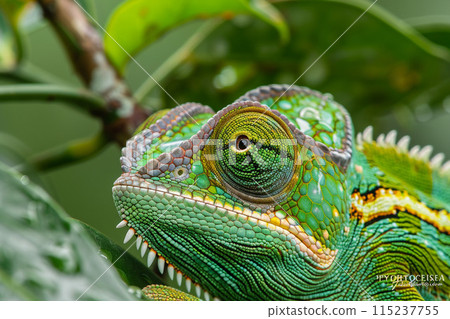 Green iguana, chameleon, and lizard perched on a branch in a close-up wildlife scene, showcasing their exotic colors and intricate camouflage Green iguana, chameleon, and lizard perched on a branch in a close-up wildlife scene, showcasing their exotic colors and intricate camouflage 115237755