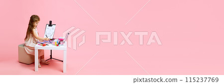 Banner. Girl dreams of being makeup artist, practicing on face sketch with various cosmetics against pastel pink background. 115237769