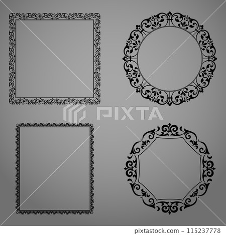 Set of decorative frames Elegant vector element for design in Eastern style, place for text. Floral black and gray borders. Lace illustration for invitations and greeting cards Set of decorative frames Elegant vector element for design in Eastern style, place for text. Floral black and gray borders. Lace illustration for invitations and greeting cards 115237778