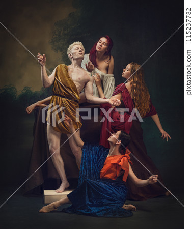 Man grandiose pose embodies self-admiration, while surrounding women, in fabrics, lavish him with attention and indulgence, symbolizing sensual gratification. Man grandiose pose embodies self-admiration, while surrounding women, in fabrics, lavish him with attention and indulgence, symbolizing sensual gratification. 115237782