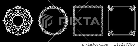 Set of decorative frames Elegant vector element for design in Eastern style, place for text. Floral black and white borders. Lace illustration for invitations and greeting cards. Set of decorative frames Elegant vector element for design in Eastern style, place for text. Floral black and white borders. Lace illustration for invitations and greeting cards. 115237790