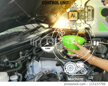 Concept The use of artificial intelligence (AI) to help in checking engine maintenance intervals, applications help to check. Concept The use of artificial intelligence (AI) to help in checking engine maintenance intervals, applications help to check. 115237799
