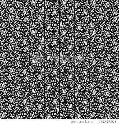 Wallpaper in the style of Baroque. Seamless vector background. White and black floral ornament. Graphic pattern for fabric, wallpaper, packaging. Ornate Damask flower ornament. Wallpaper in the style of Baroque. Seamless vector background. White and black floral ornament. Graphic pattern for fabric, wallpaper, packaging. Ornate Damask flower ornament. 115237804