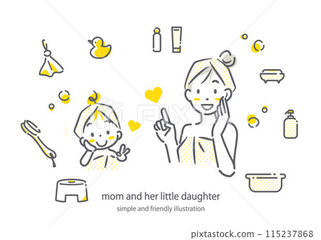 A young mother and little girl after a bath, satisfied with their moisturized skin. Simple and stylish line drawing illustration 115237868
