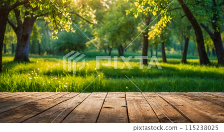 Spring beautiful background with green forest and empty wooden table in nature outdoor. Generated AI 115238025