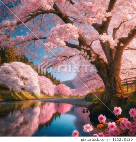 Cherry blossoms in full bloom reflected on the surface of the water 115238120