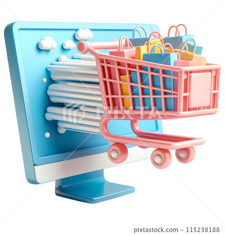 Shopping cart with paper bags come out from computer screen, online shopping concept. 115238188