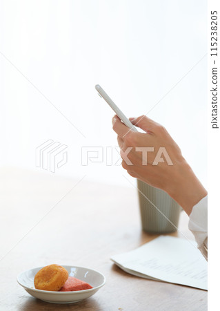 中年婦女在客廳用智慧型手機搜尋資訊並做筆記 中年婦女在客廳用智慧型手機搜尋資訊並做筆記 115238205