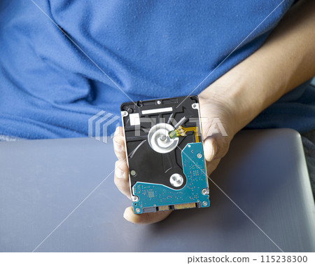 Men hold hard drives, hard drives are still popular today. 115238300